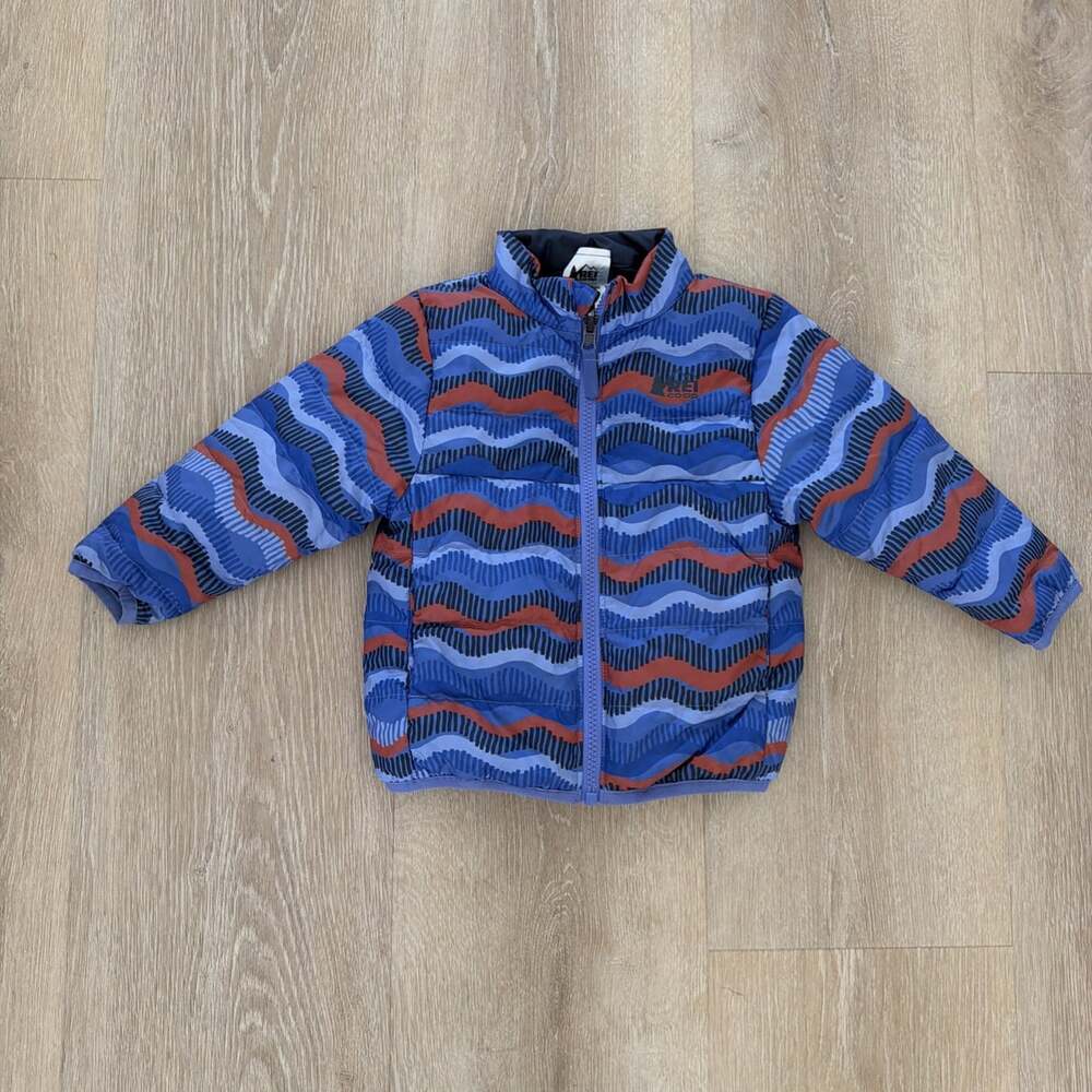 Kids REI Co-Op Down Puffer Jacket Reversible Warm Black Blue Stripes Size 2T